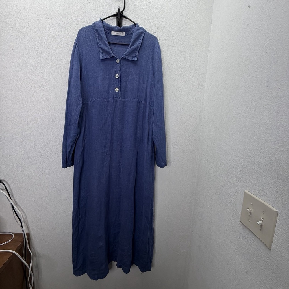 Cut Loose Dress Womens L Blue 100% Linen V Neck Long Sleeve Maxi Lagenlook